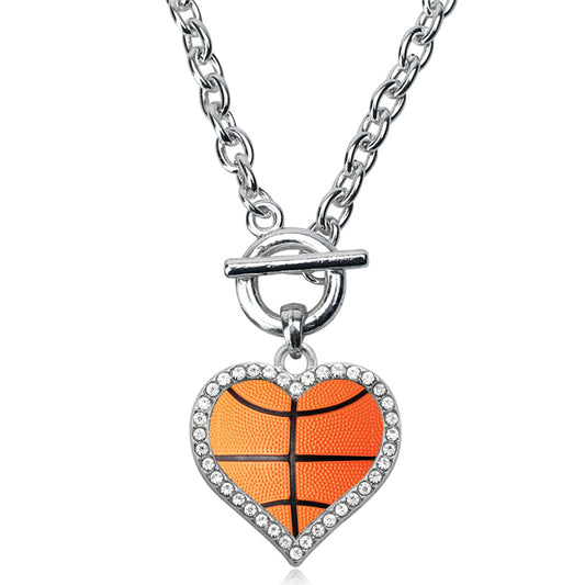 Silver Basketball Open Heart Charm Toggle Necklace