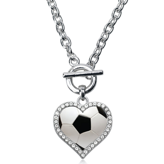Silver Soccer Ball Open Heart Charm Toggle Necklace