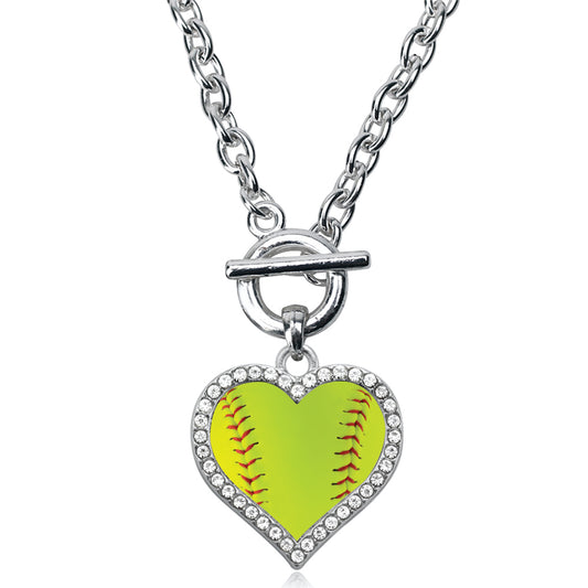 Silver Softball Open Heart Charm Toggle Necklace