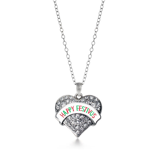 Silver Happy Festivus Pave Heart Charm Classic Necklace