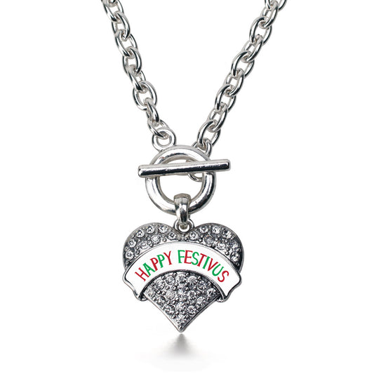 Silver Happy Festivus Pave Heart Charm Toggle Necklace