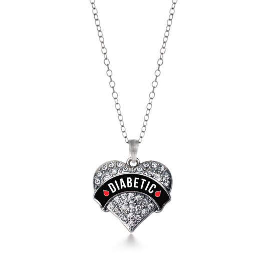 Silver Diabetic Medical Alert Pave Heart Charm Classic Necklace