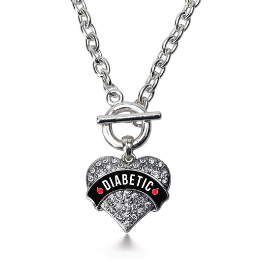 Silver Diabetic Medical Alert Pave Heart Charm Toggle Necklace
