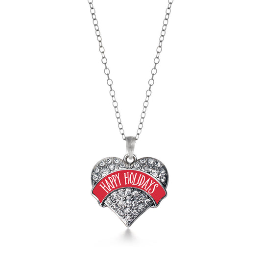 Silver Red Banner Happy Holidays Pave Heart Charm Classic Necklace