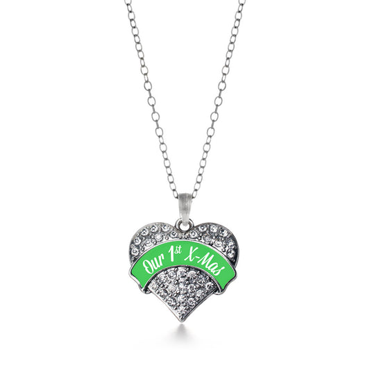 Silver Green Banner Our 1st X-Mas Pave Heart Charm Classic Necklace