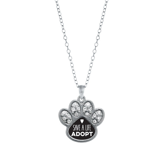 Silver Save A Life, Adopt Pave Paw Charm Classic Necklace