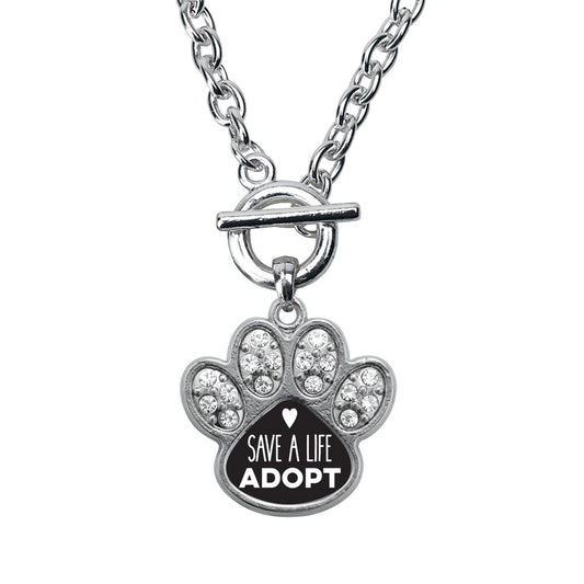 Silver Save A Life, Adopt Pave Paw Charm Toggle Necklace