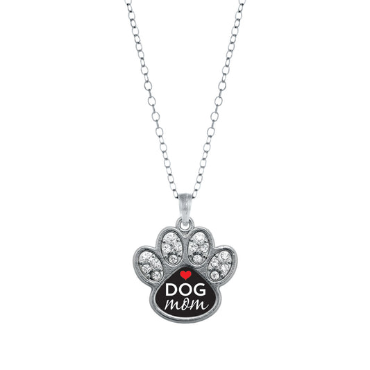Silver Dog Mom Pave Paw Charm Classic Necklace