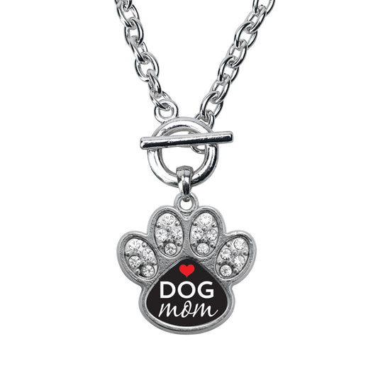 Silver Dog Mom Pave Paw Charm Toggle Necklace