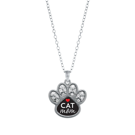 Silver Cat Mom Pave Paw Charm Classic Necklace