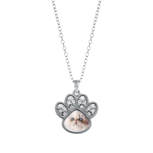 Silver Persian Cat Pave Paw Charm Classic Necklace
