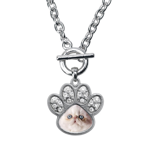 Silver Persian Cat Pave Paw Charm Toggle Necklace