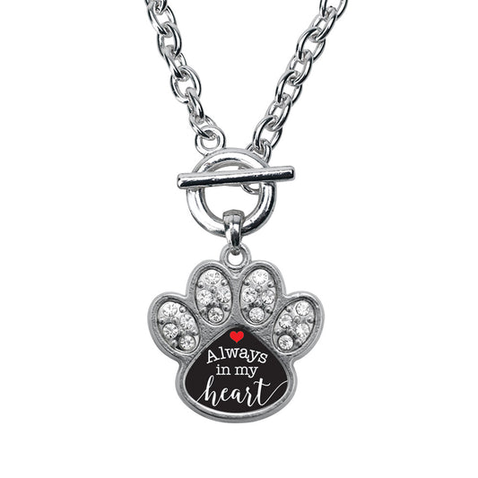 Silver Always in my Heart Pave Paw Charm Toggle Necklace