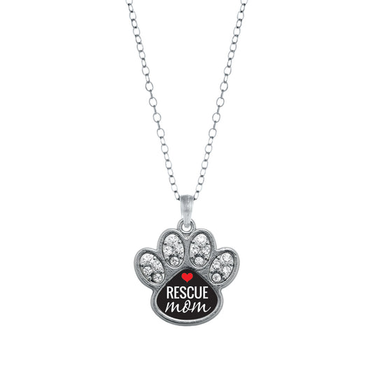 Silver Rescue Mom Pave Paw Charm Classic Necklace