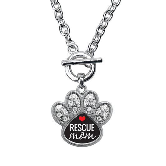 Silver Rescue Mom Pave Paw Charm Toggle Necklace