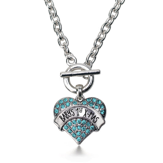 Silver Baby's 1st X-Mas Aqua Aqua Pave Heart Charm Toggle Necklace