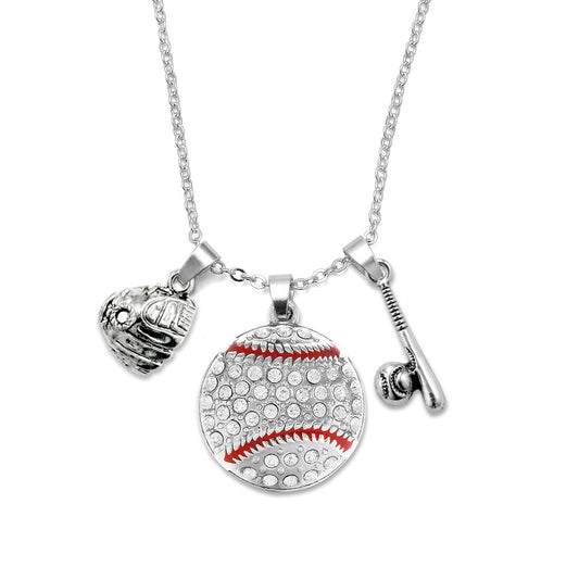 Silver Love Baseball Bat and Glove Charm Classic Necklace