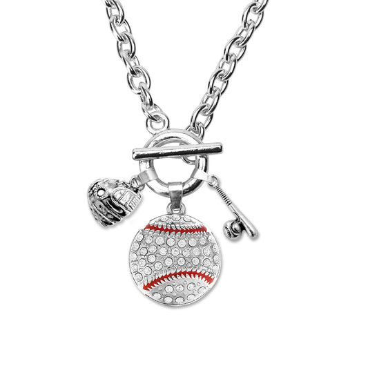 Silver Love Baseball Bat and Glove Charm Toggle Necklace