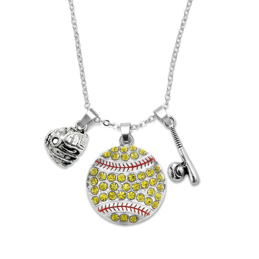 Silver Love Softball Bat and Glove Charm Classic Necklace