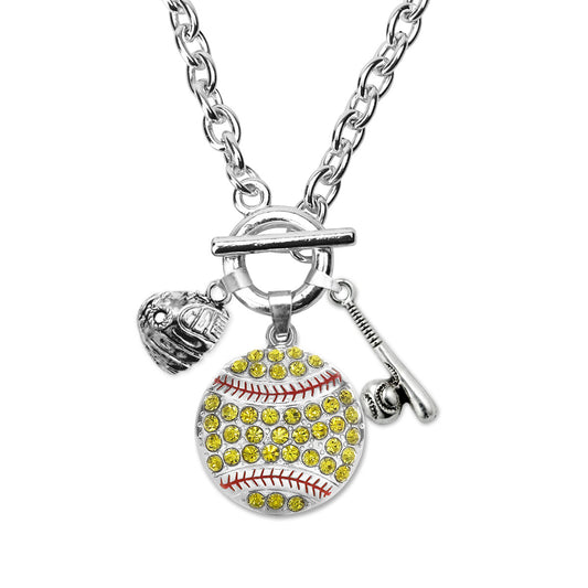 Silver Love Softball Bat and Glove Charm Toggle Necklace