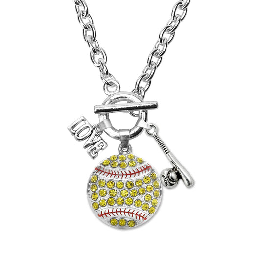 Silver Love Softball Bat Charm Toggle Necklace