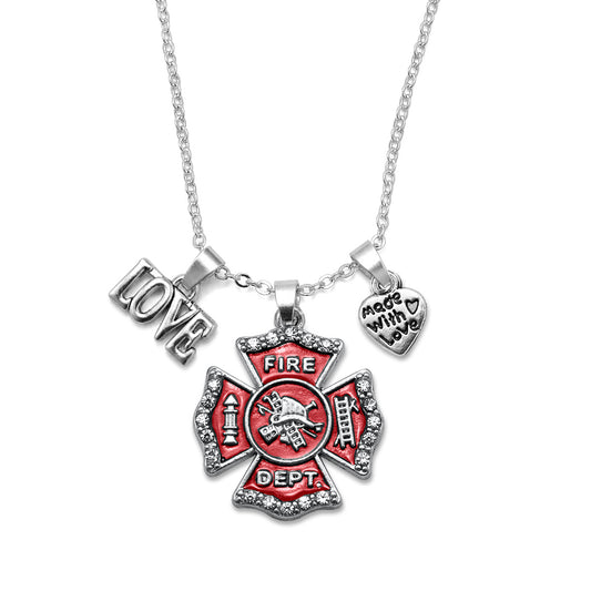 Silver Love Firefighter Badge Charm Classic Necklace