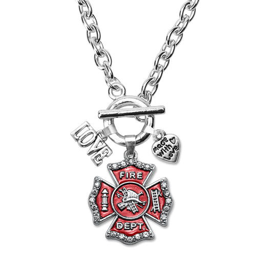 Silver Love Firefighter Badge Charm Toggle Necklace