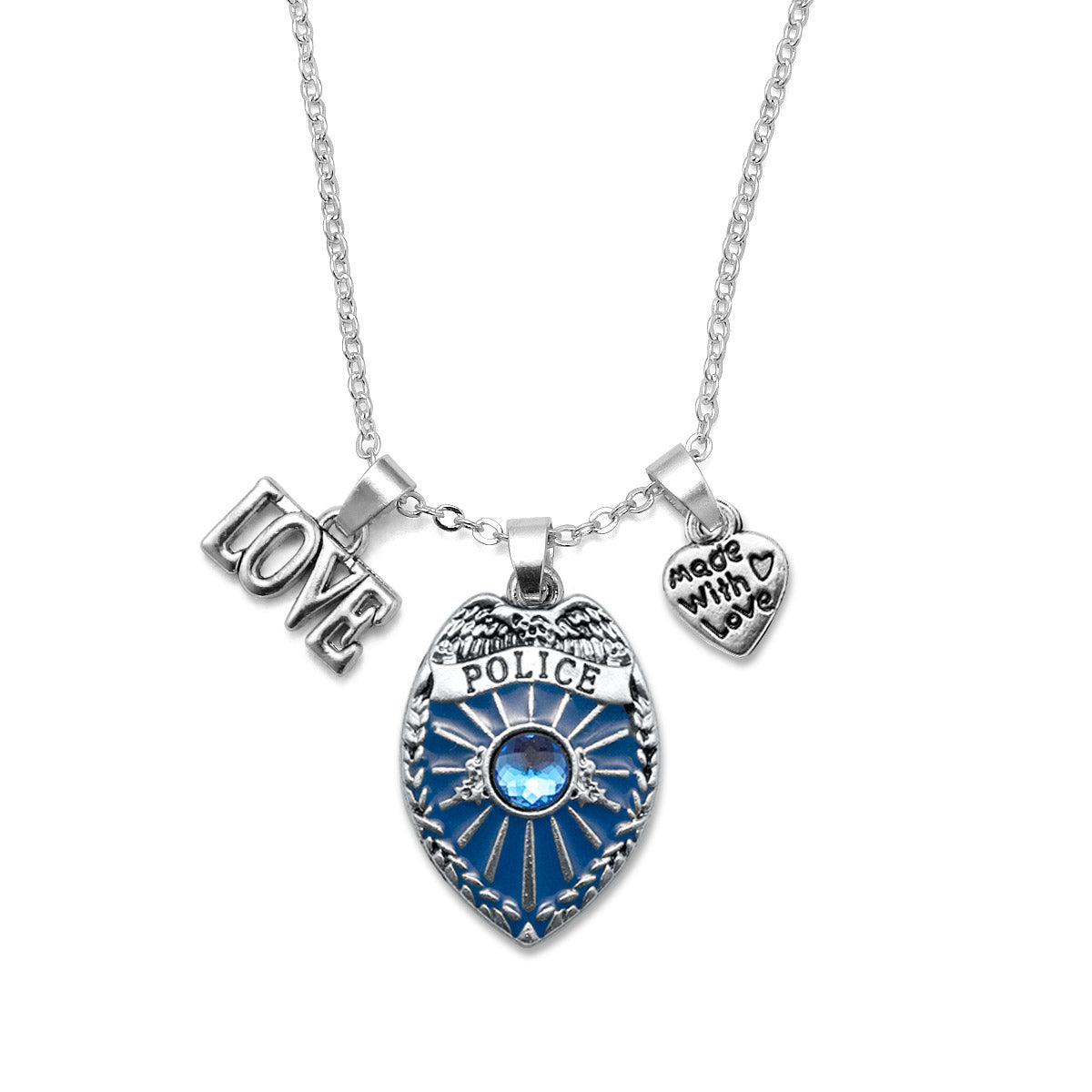 Silver Love Blue Police Badge Charm Classic Necklace