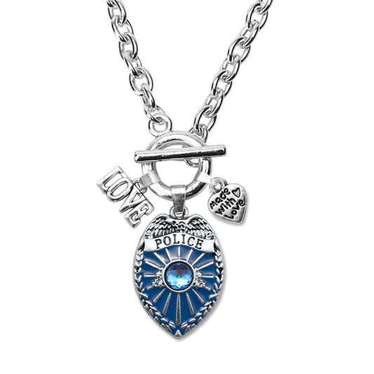 Silver Love Blue Police Badge Charm Toggle Necklace