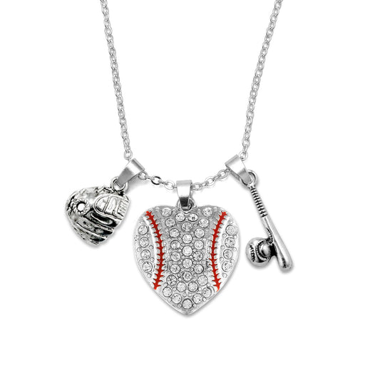 Silver Love Baseball Heart Bat and Glove Charm Classic Necklace