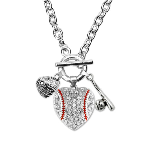 Silver Love Baseball Heart Bat and Glove Charm Toggle Necklace