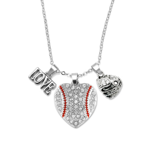 Silver Love Baseball Heart Glove Charm Classic Necklace