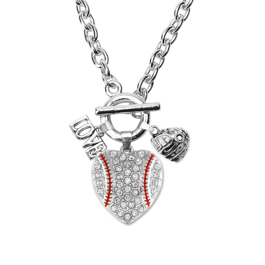 Silver Love Baseball Heart Glove Charm Toggle Necklace