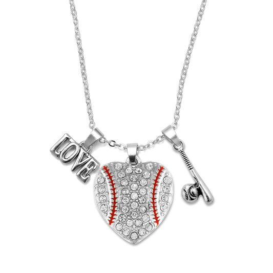 Silver Love Baseball Heart Bat Charm Classic Necklace