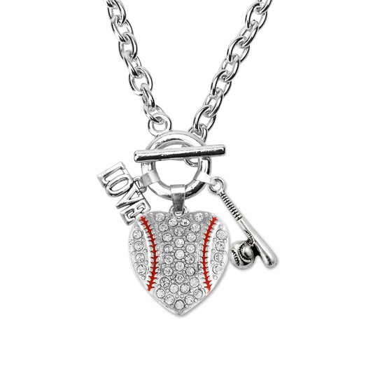 Silver Love Baseball Heart Bat Charm Toggle Necklace