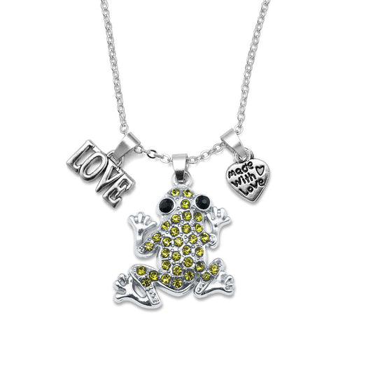 Silver Love Green Pave Frog Charm Classic Necklace