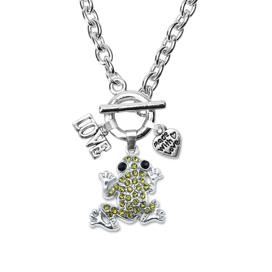 Silver Love Green Pave Frog Charm Toggle Necklace