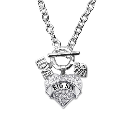 Silver Love Big Sis Pave Heart Charm Toggle Necklace