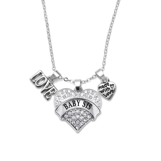 Silver Love Baby Sis Pave Heart Charm Classic Necklace