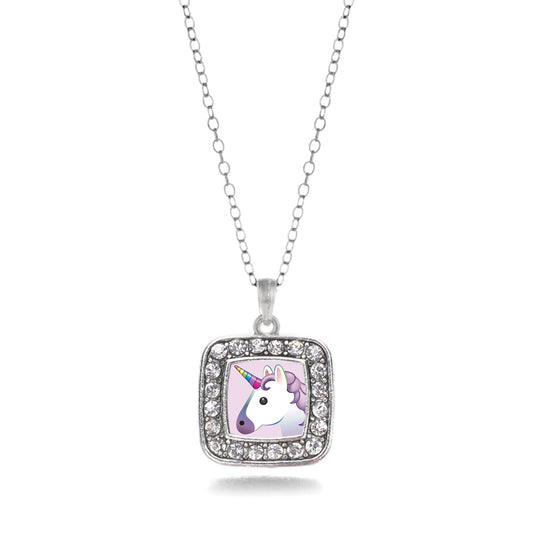 Silver Unicorn Emoji Square Charm Classic Necklace