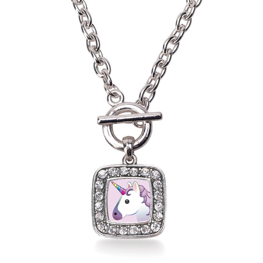 Silver Unicorn Emoji Square Charm Toggle Necklace