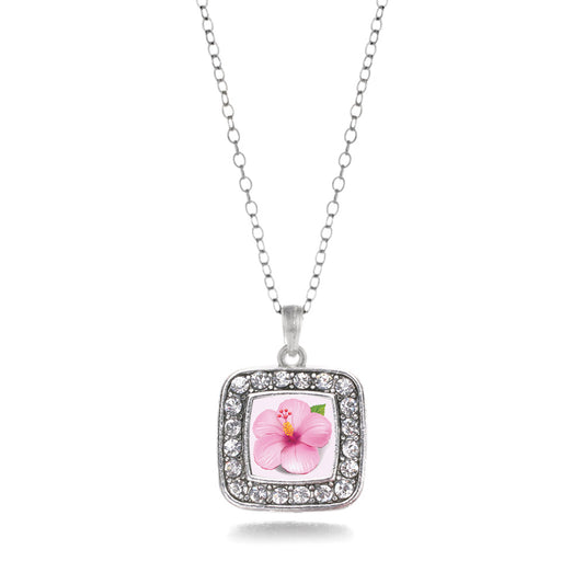 Silver Hibiscus Flower Square Charm Classic Necklace
