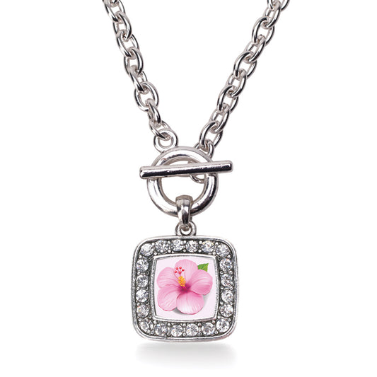 Silver Hibiscus Flower Square Charm Toggle Necklace