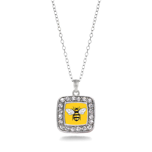 Silver Buzzing Bee Square Charm Classic Necklace