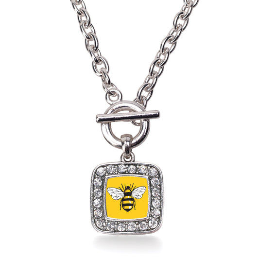 Silver Buzzing Bee Square Charm Toggle Necklace