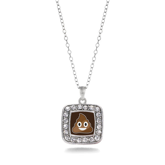 Silver Poop Emoji Square Charm Classic Necklace