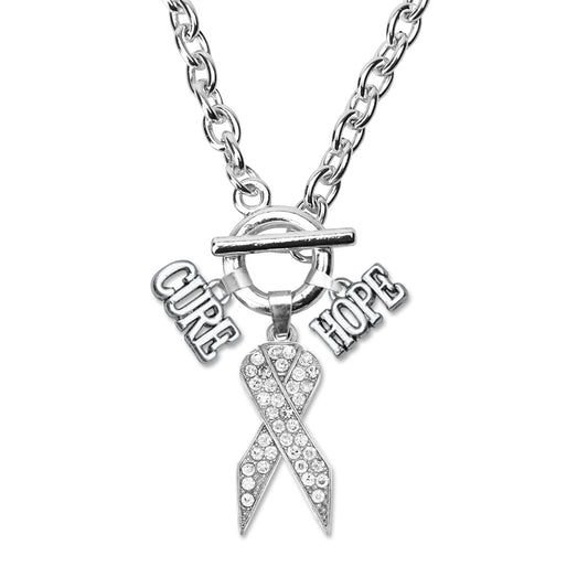 Silver Hope Clear Awareness Ribbon Charm Toggle Necklace