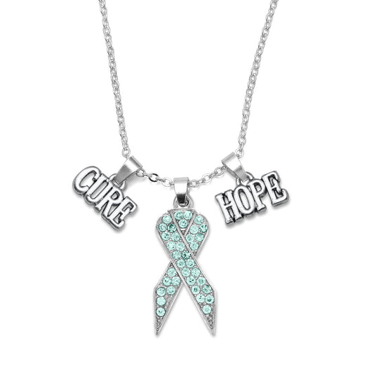 Silver Hope Aqua Awareness Ribbon Charm Classic Necklace