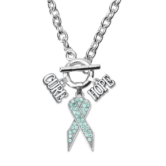 Silver Hope Aqua Awareness Ribbon Charm Toggle Necklace