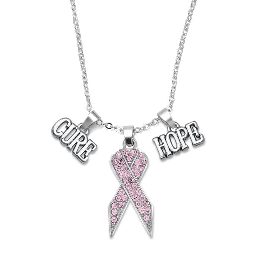 Silver Hope Pink Awareness Ribbon Charm Classic Necklace